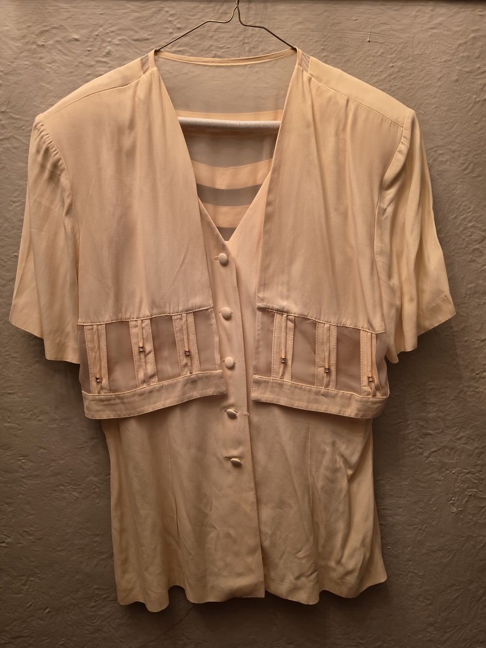 Vintage 80s Yellow Sheer Panel Button Blouse Gold Bead Detail